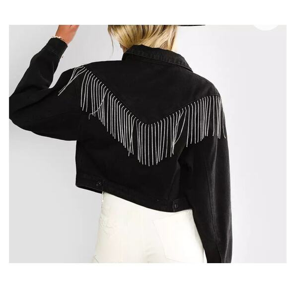 Blue B Rhinestone Fringe Denim Jacket Size Small Black Western Concert Rodeo - Picture 9 of 9